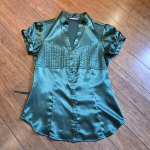 Emerald Green Satin Blouse S Office Siren Top Pintuck Puff Sleeve Button Up Tie